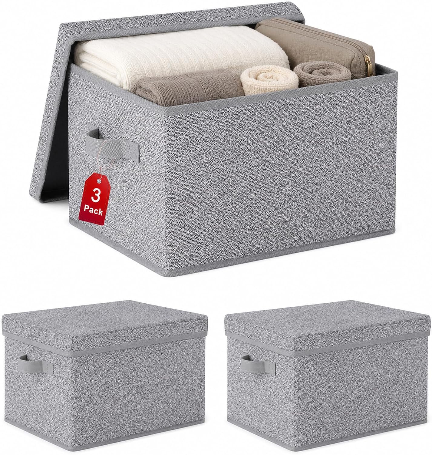 Aldernest Storage Bins with Lids, Decorative Boxes, Ash Gray, Large, 3-Pack