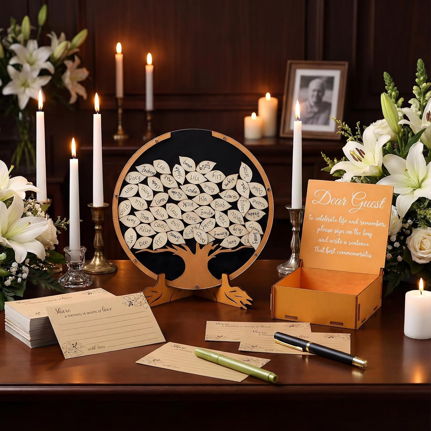 Elmgate 164 Pcs Celebration of Life Guest Book for Memorial Service Share a Memory Cards Wooden Box Funeral Memory Pen Leaves for Funeral Guest Book