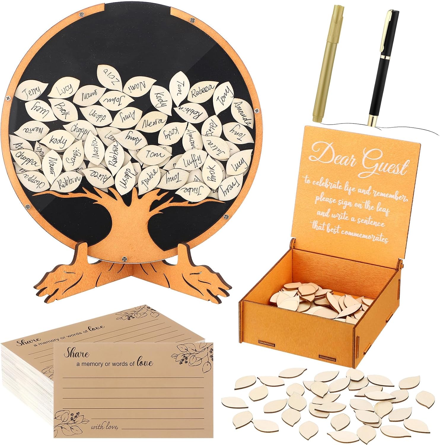 Elmgate 164 Pcs Celebration of Life Guest Book for Memorial Service Share a Memory Cards Wooden Box Funeral Memory Pen Leaves for Funeral Guest Book