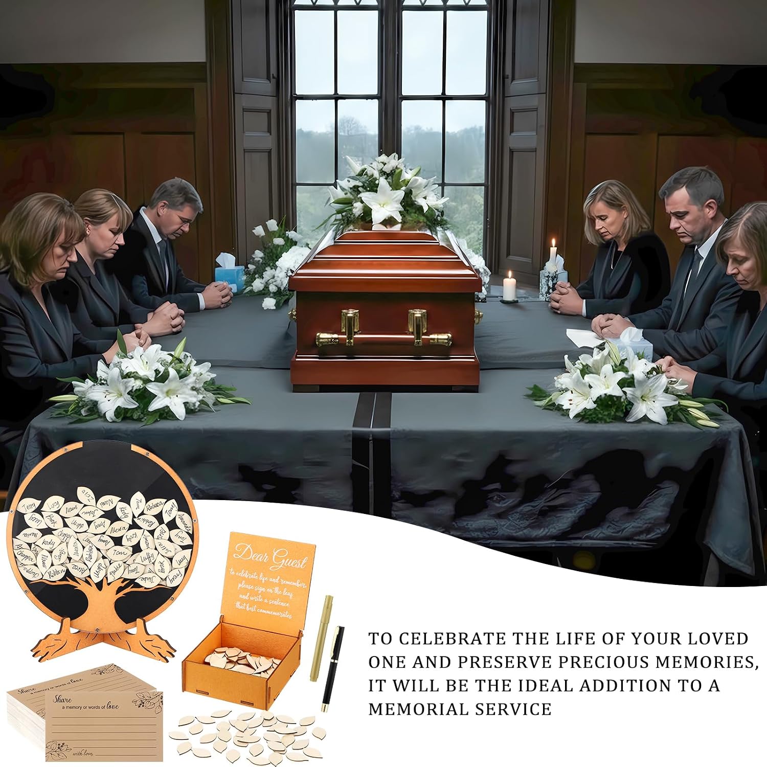 Elmgate 164 Pcs Celebration of Life Guest Book for Memorial Service Share a Memory Cards Wooden Box Funeral Memory Pen Leaves for Funeral Guest Book