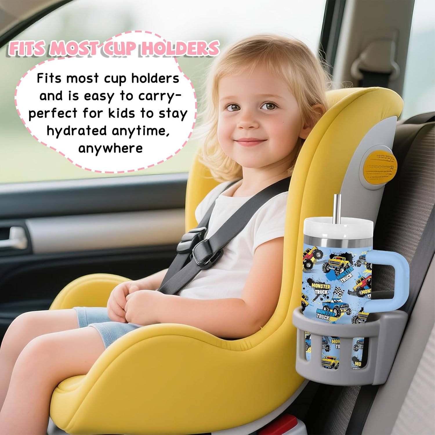 Aldernest 14 oz Monster Truck Tumbler with Handle and Straw for Kids, 0.33 kg, Monster Car