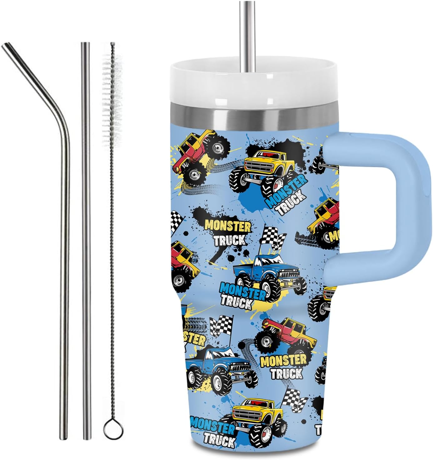 Aldernest 14 oz Monster Truck Tumbler with Handle and Straw for Kids, 0.33 kg, Monster Car