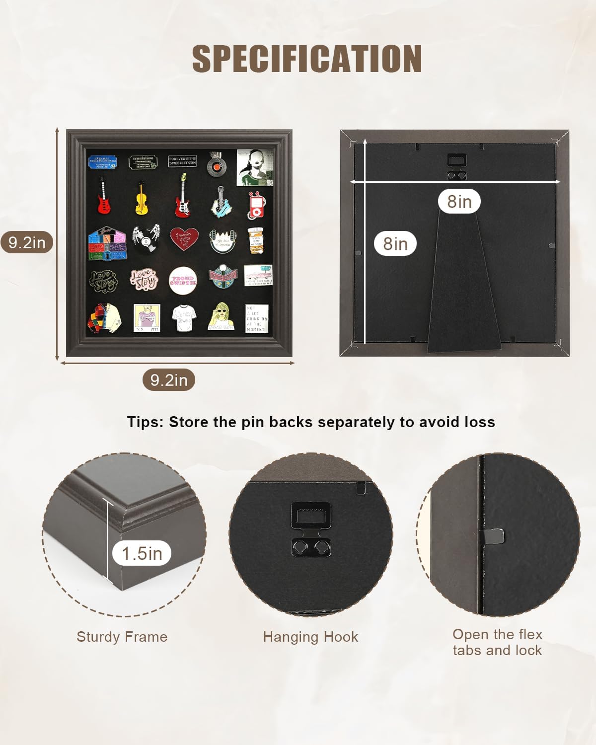 Aldernest 8x8 Enamel Pin Display Frame with Glass for Pin Collection, Brown, 1.3 pounds