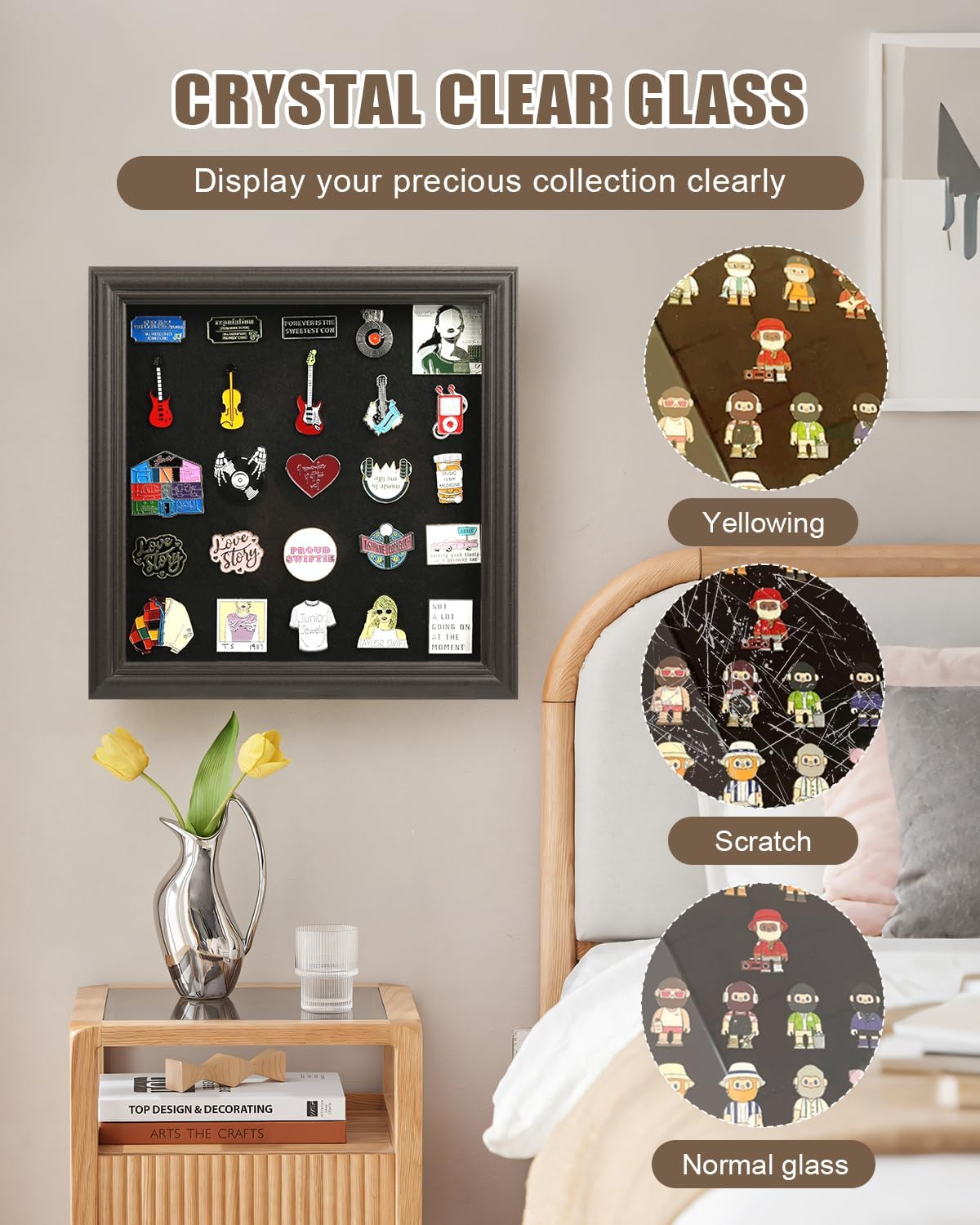 Aldernest 8x8 Enamel Pin Display Frame with Glass for Pin Collection, Brown, 1.3 pounds