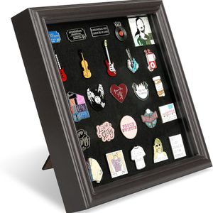 Aldernest 8x8 Enamel Pin Display Frame with Glass for Pin Collection, Brown, 1.3 pounds