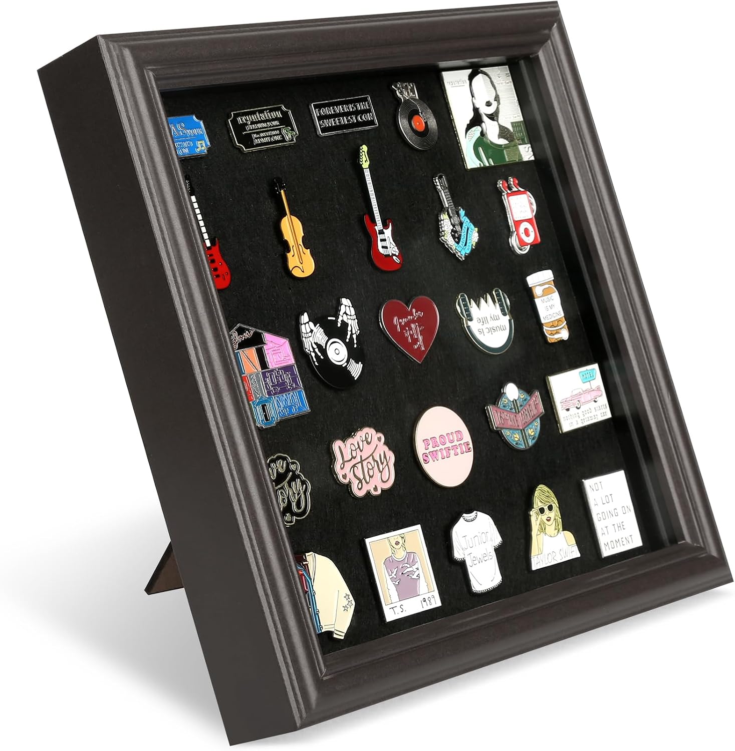 Aldernest 8x8 Enamel Pin Display Frame with Glass for Pin Collection, Brown, 1.3 pounds