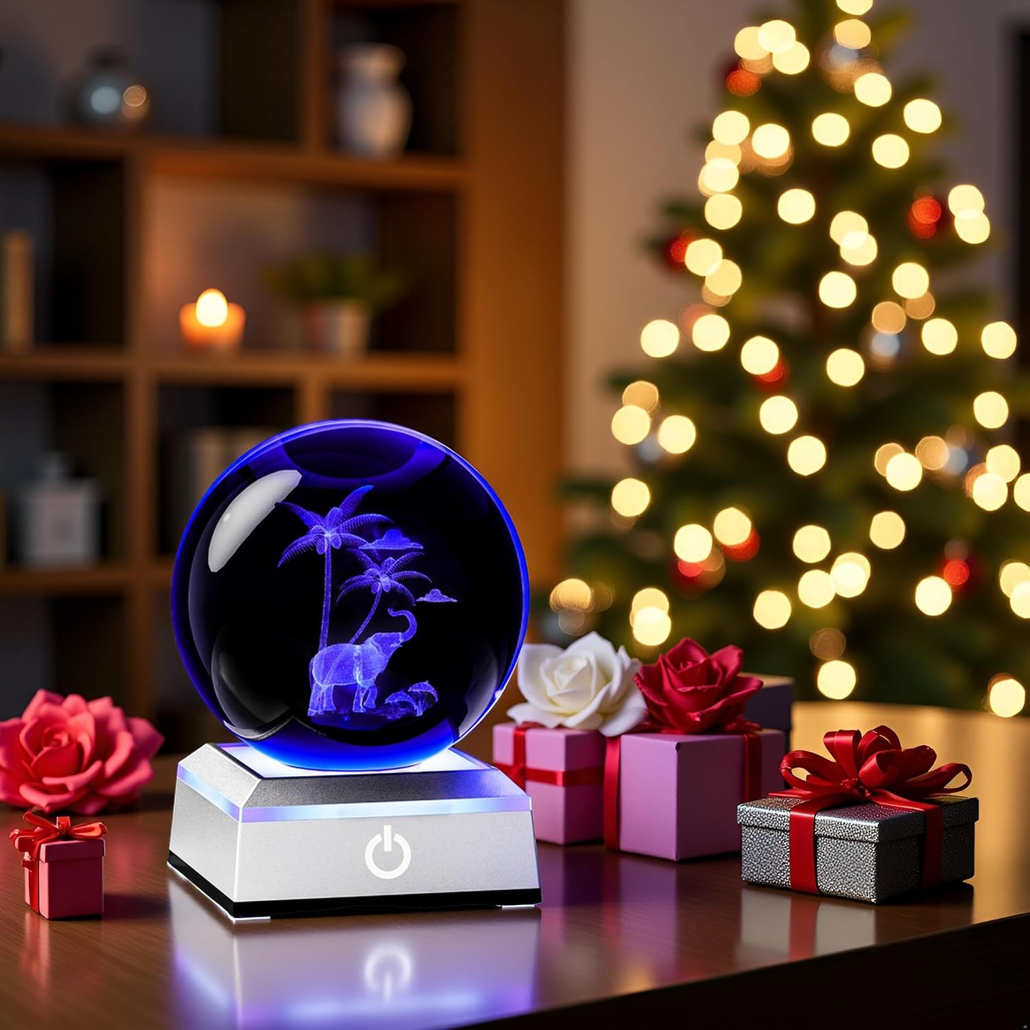 Tanglewick 3D Crystal Ball Elephant Figurine with Colorful Light Base, 1.2 pounds, 3.14 inches