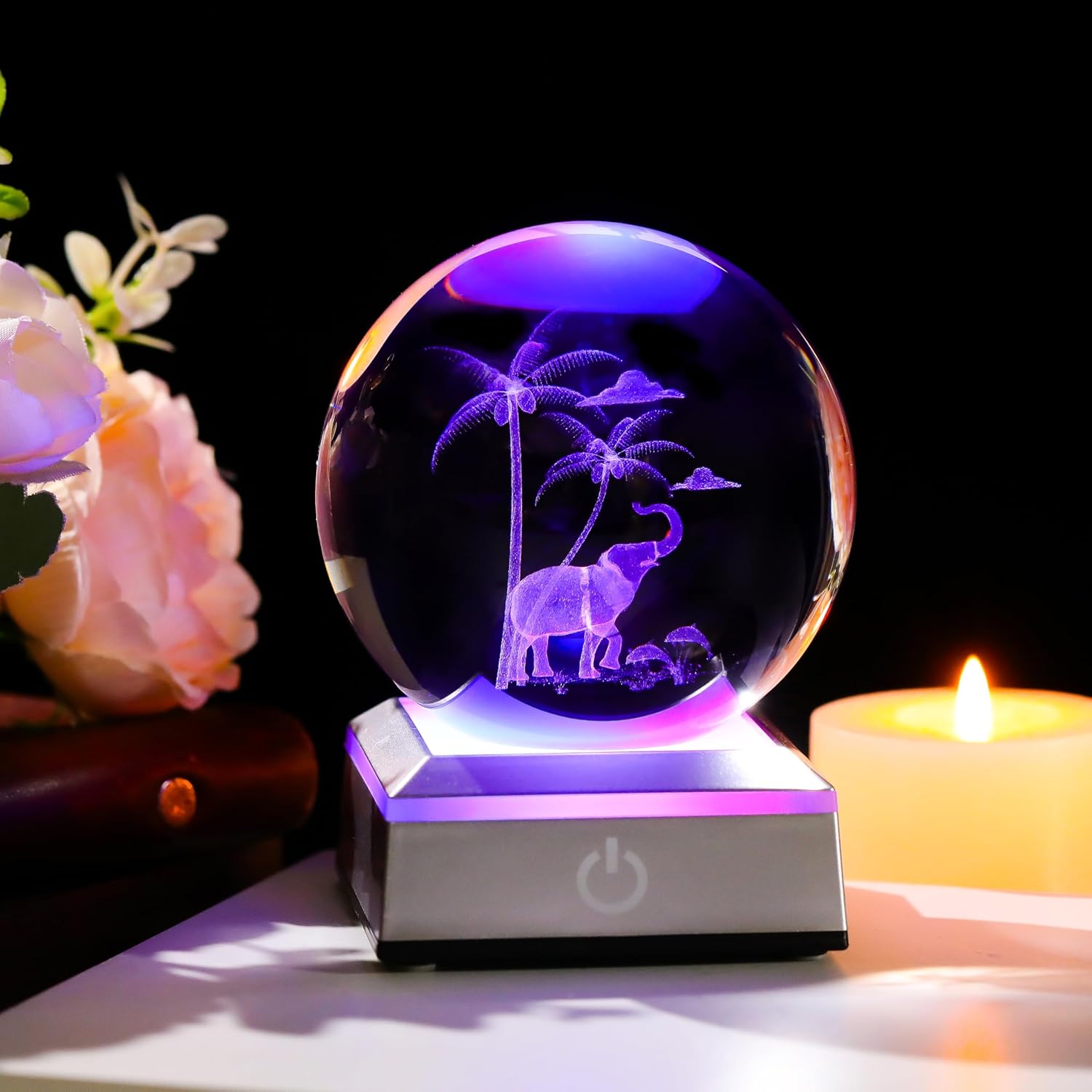 Tanglewick 3D Crystal Ball Elephant Figurine with Colorful Light Base, 1.2 pounds, 3.14 inches