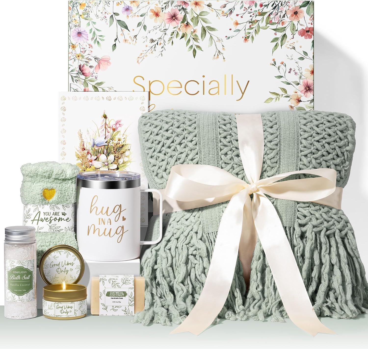 Ashenby Self Care Get Well Soon Gift Baskets for Women Birthday Gifts Care Package, 1.8 kg, Throw, Sage Green, 9 Count