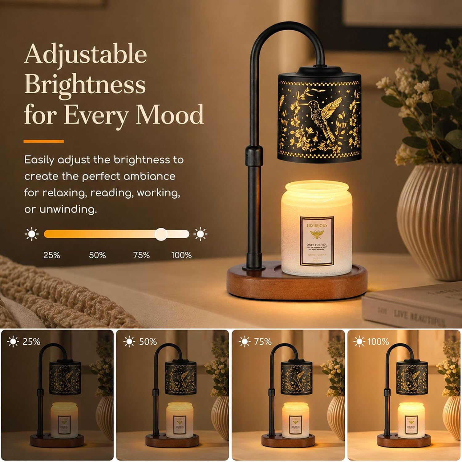 Rowanmere Dimmable Candle Warmer Lamp with Timer Adjustable Height for Scented Jar Candles Electric Candle Wax Melt Warmer for Home Decor Christmas