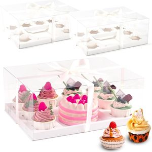 Ashenby 3 Pcs Bento Clear Boxes 1 mini Cake and 8 Cupcakes Box Cake Cupcake Combo Box Rectangle Cupcake Holder for Treats, Dessert Boxes, Muffins