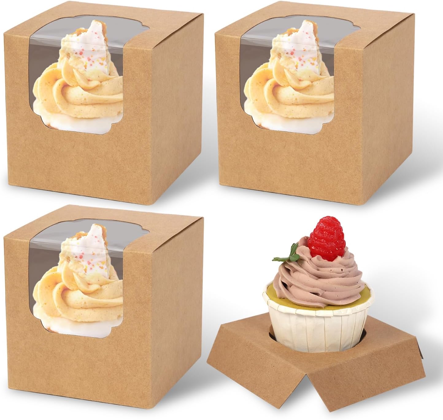 Ashenby 70 Packs 3.5" x 3.5" x 3.5"Pop up Cookie Boxes Kraft Brown Cupcake Individual Bulk Paper Cupcake Containers Single with Insert and
