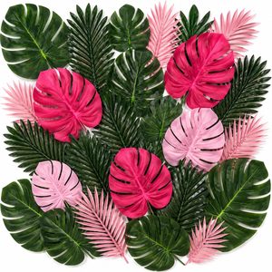 Ashenby 46 Pcs Tropical Artificial Palm Leaves Monstera Decoration, Pink, 1.1 pounds