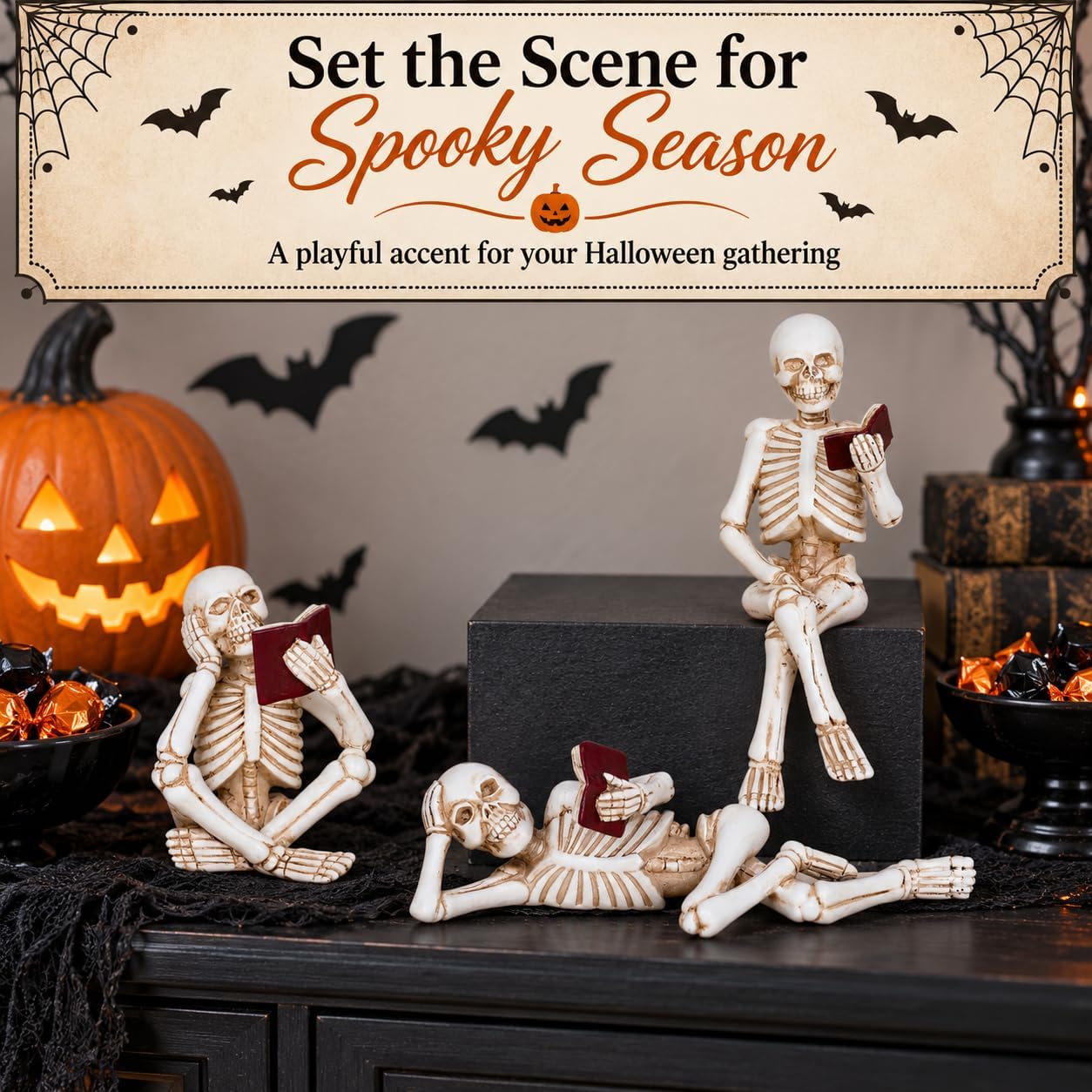 NestlyCo 3 Piece Halloween Indoor Decor Figurines Sitting Skeleton Statue Halloween Decorations mini Reading Skull Figurine Home Decor for Living Room