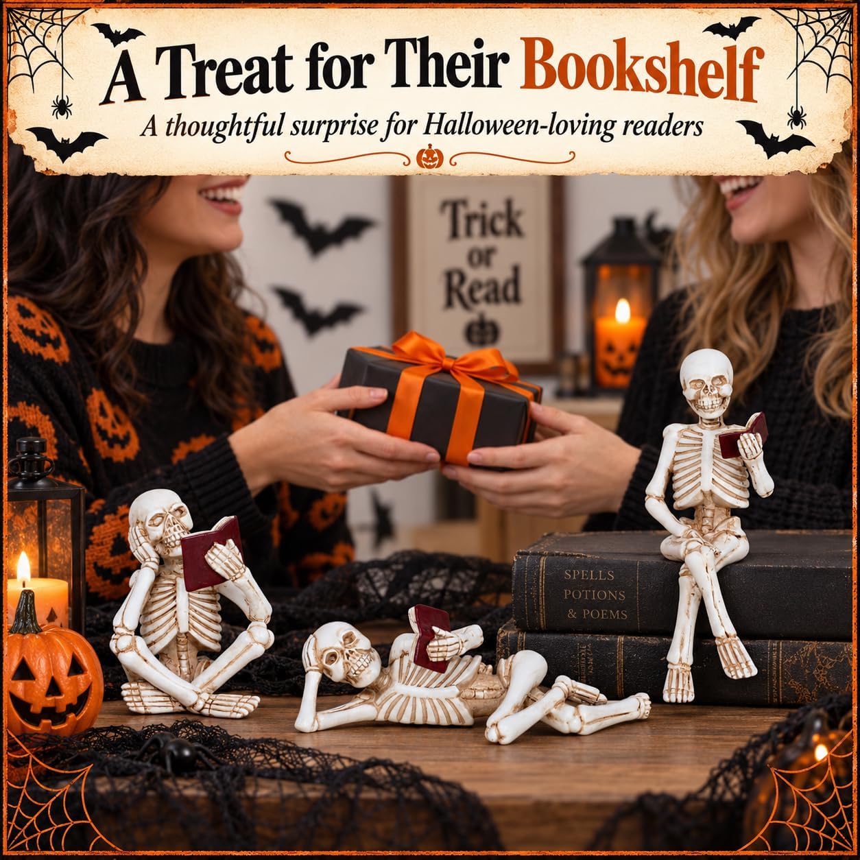 NestlyCo 3 Piece Halloween Indoor Decor Figurines Sitting Skeleton Statue Halloween Decorations mini Reading Skull Figurine Home Decor for Living Room