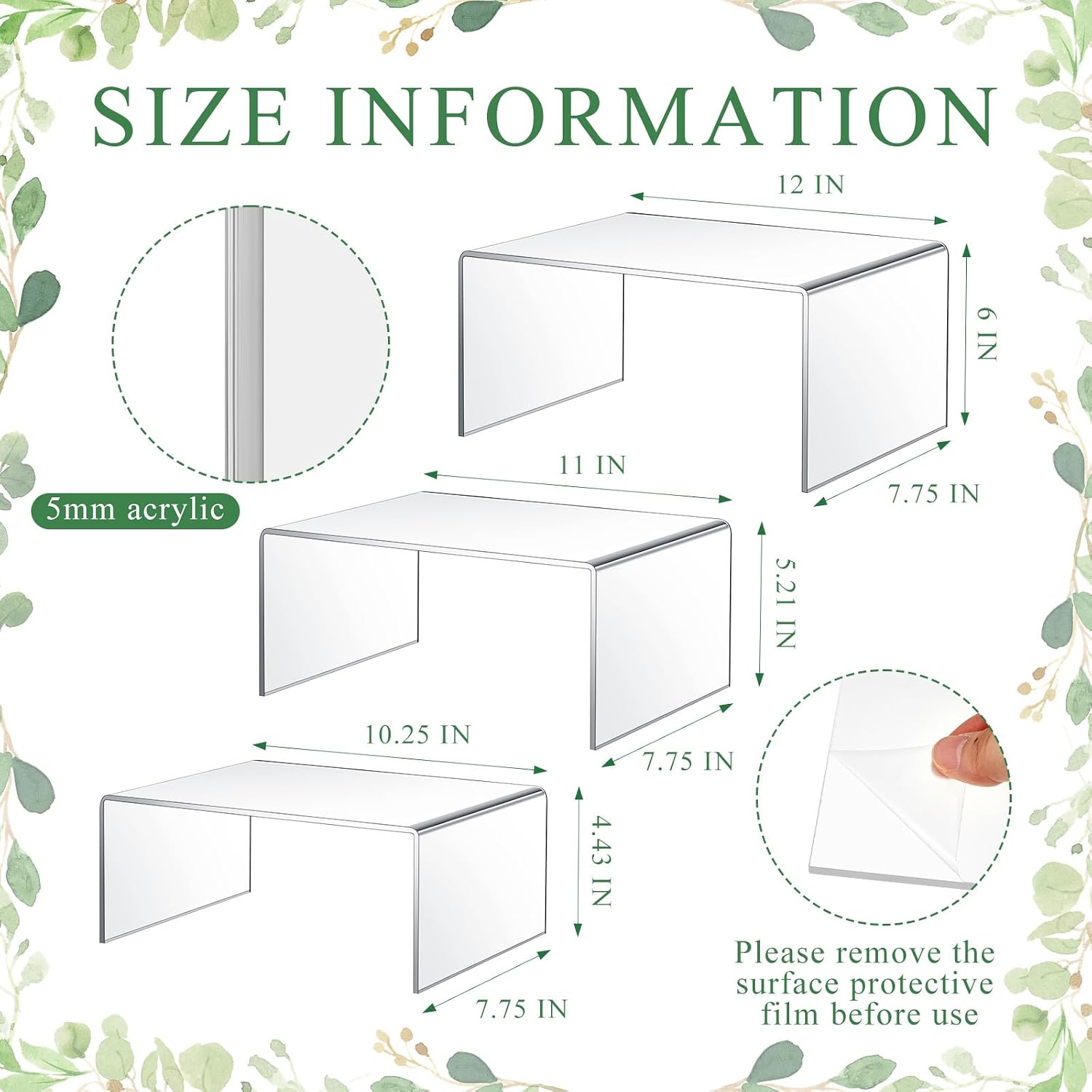 Aldernest 3 Pcs 12, 11 | 10.5'' Clear Acrylic Shelf Riser, 5mm Thick, 4.4 pounds