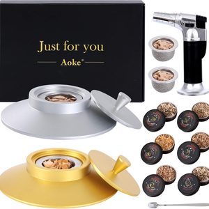 Aldernest Cocktail Smoker Kit with Torch, 2 Pack Whiskey Smoker Kit Metal Old Fashioned Smoker kit, Silver+gold