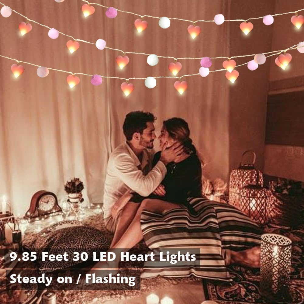Aldernest 9.85Ft Valentines Day String Lights with 20 Pink Heart LEDs Lights, 0.1 kg, Pink-Pink Heart, 3.05 Feet