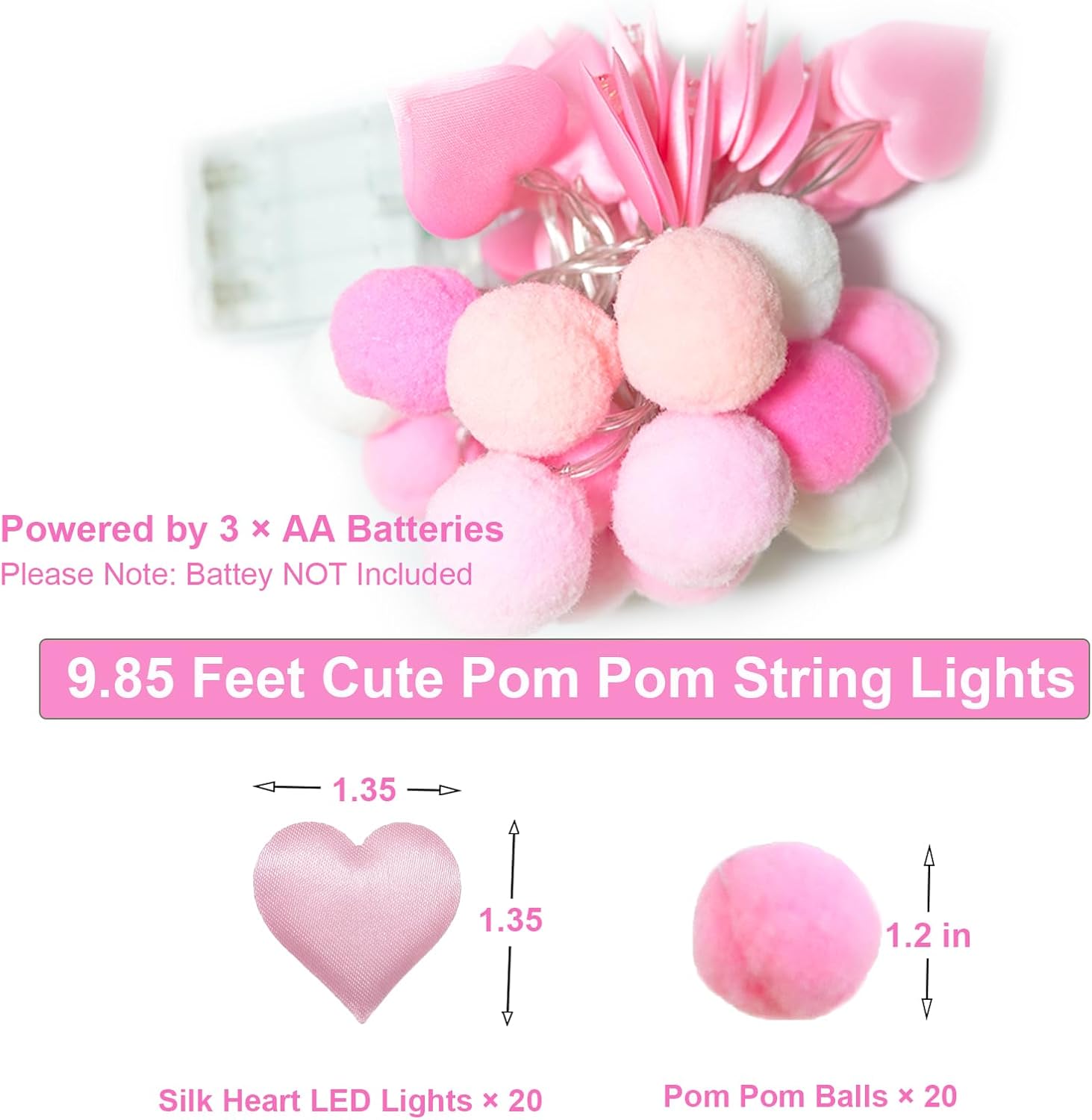 Aldernest 9.85Ft Valentines Day String Lights with 20 Pink Heart LEDs Lights, 0.1 kg, Pink-Pink Heart, 3.05 Feet