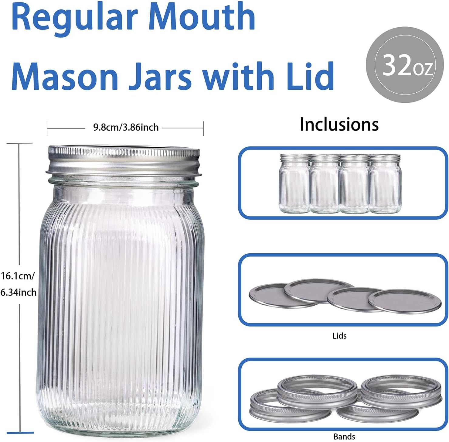 Ashenby 32 OZ Wide Mouth Mason Jars, 4 PACK Glass Mason Jars with airtight Lids, medium, Clear