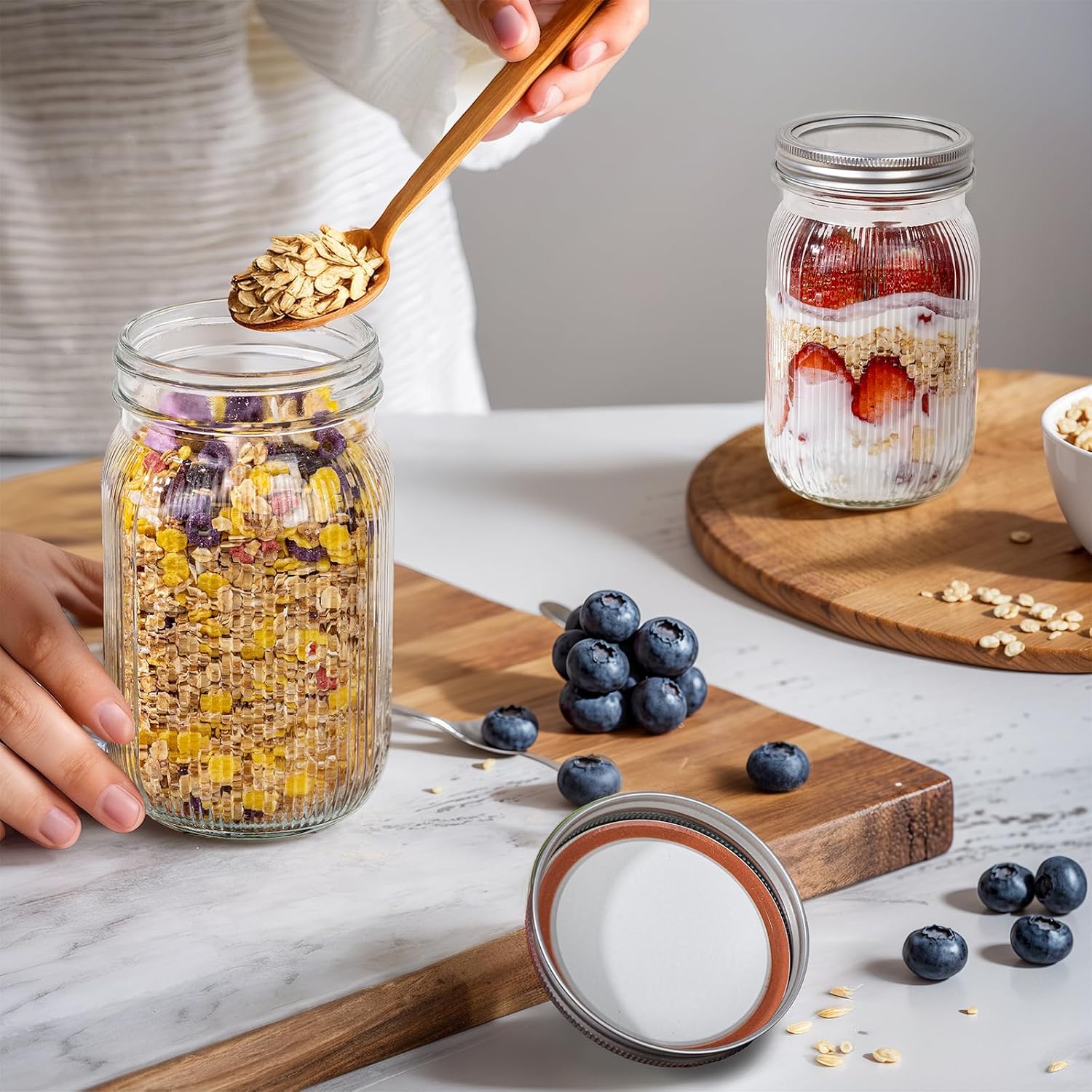 Ashenby 32 OZ Wide Mouth Mason Jars, 4 PACK Glass Mason Jars with airtight Lids, medium, Clear