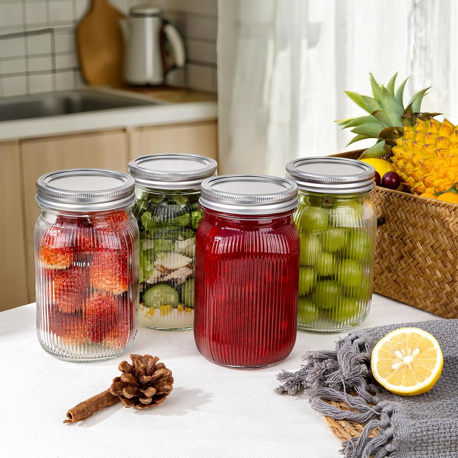 Ashenby 32 OZ Wide Mouth Mason Jars, 4 PACK Glass Mason Jars with airtight Lids, medium, Clear