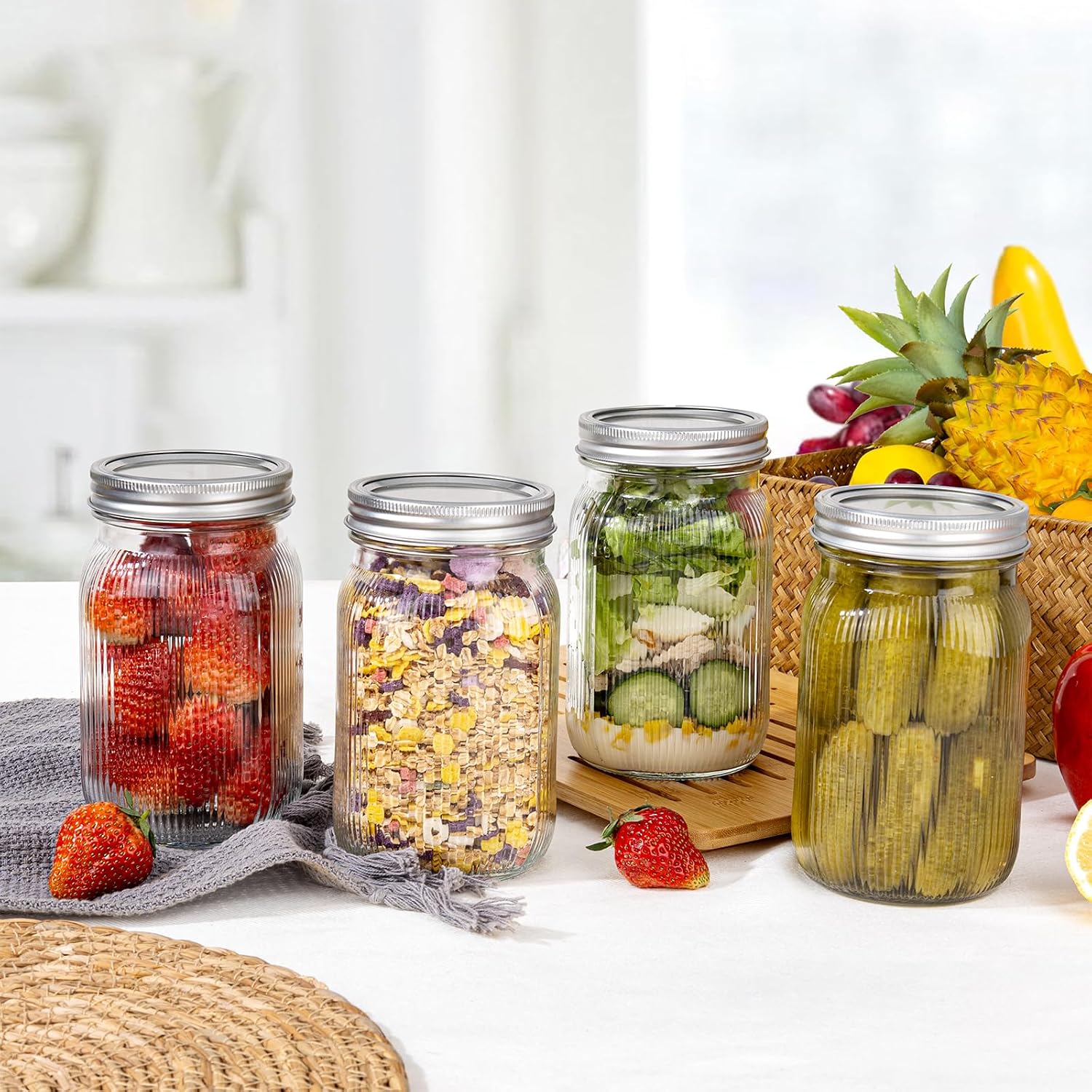 Ashenby 32 OZ Wide Mouth Mason Jars, 4 PACK Glass Mason Jars with airtight Lids, medium, Clear