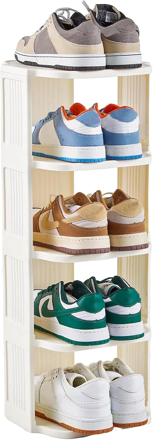 Aldernest 5-Tier Small Vertical Shoe Rack, Plastic Shoe Organizer, Narrow Spaces, 2.7 pounds, White