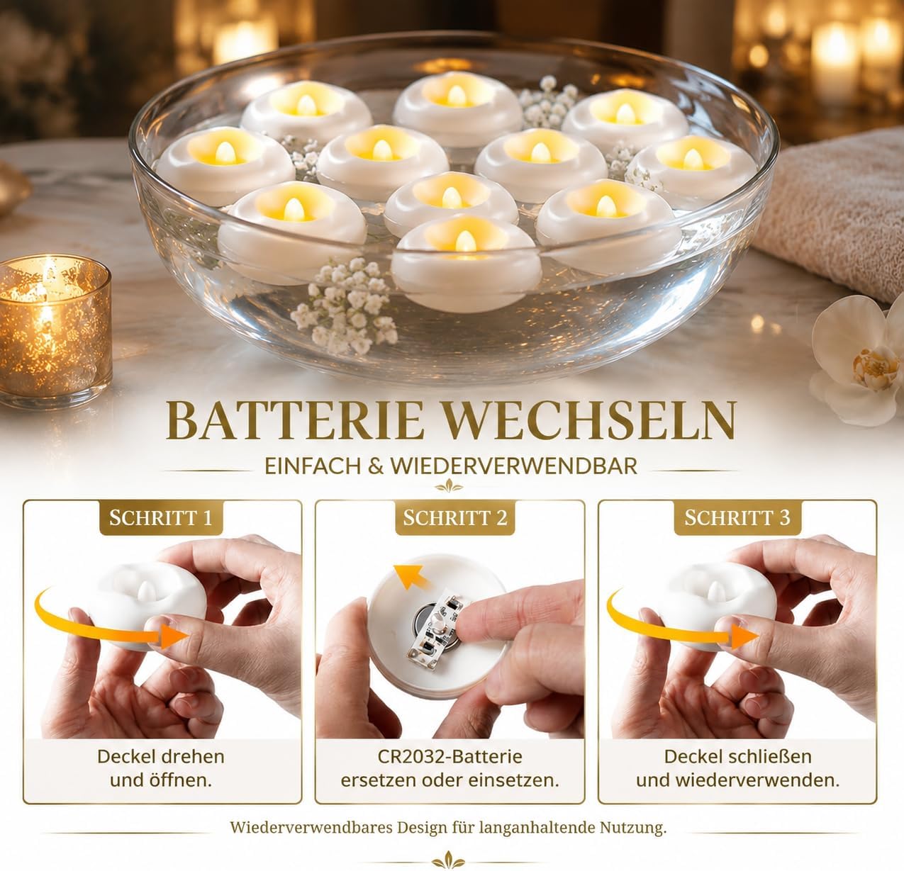 Ashenby 12 Pack 2.3” Flameless LED Floating Candles, 6.4 ounces, Ivory