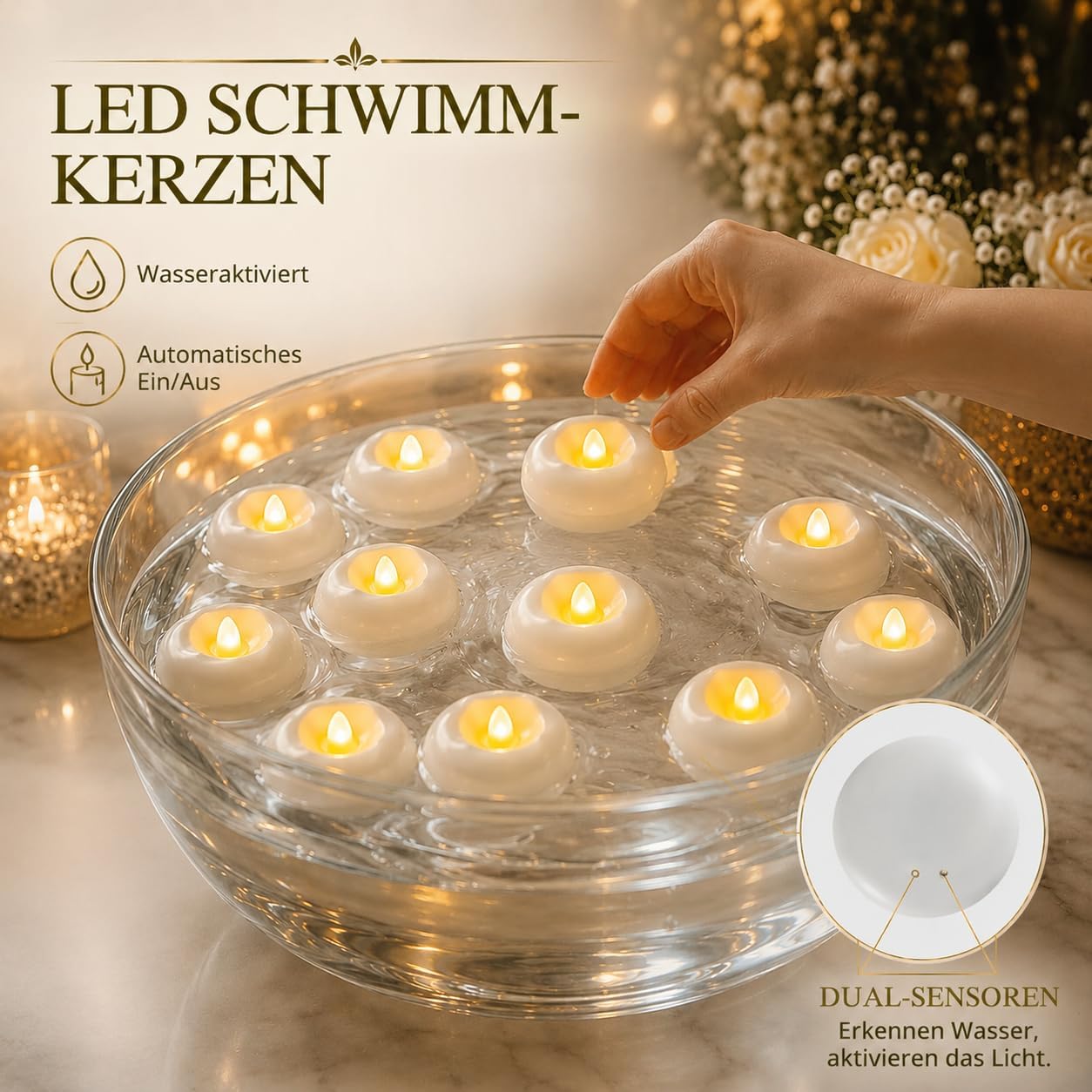 Ashenby 12 Pack 2.3” Flameless LED Floating Candles, 6.4 ounces, Ivory