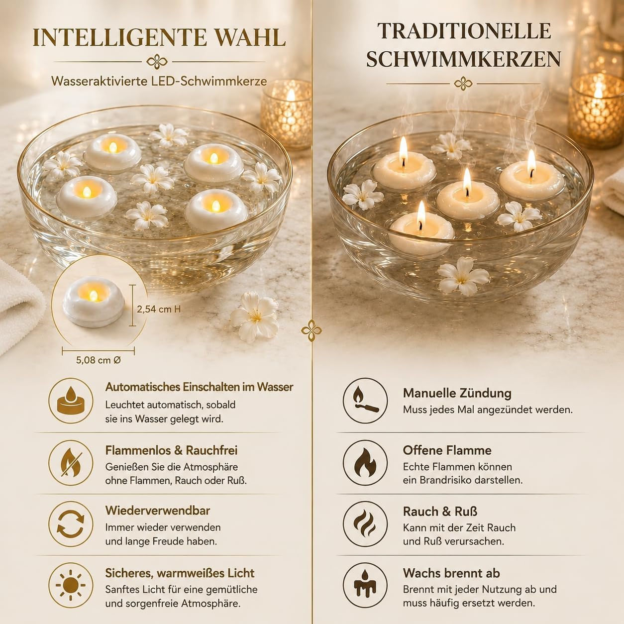 Ashenby 12 Pack 2.3” Flameless LED Floating Candles, 6.4 ounces, Ivory