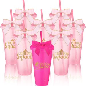 Aldernest 8 Set Birthday Cup 24 oz with Lid Straw Bow Squad, Rose Red, Pink, 1.3 pounds