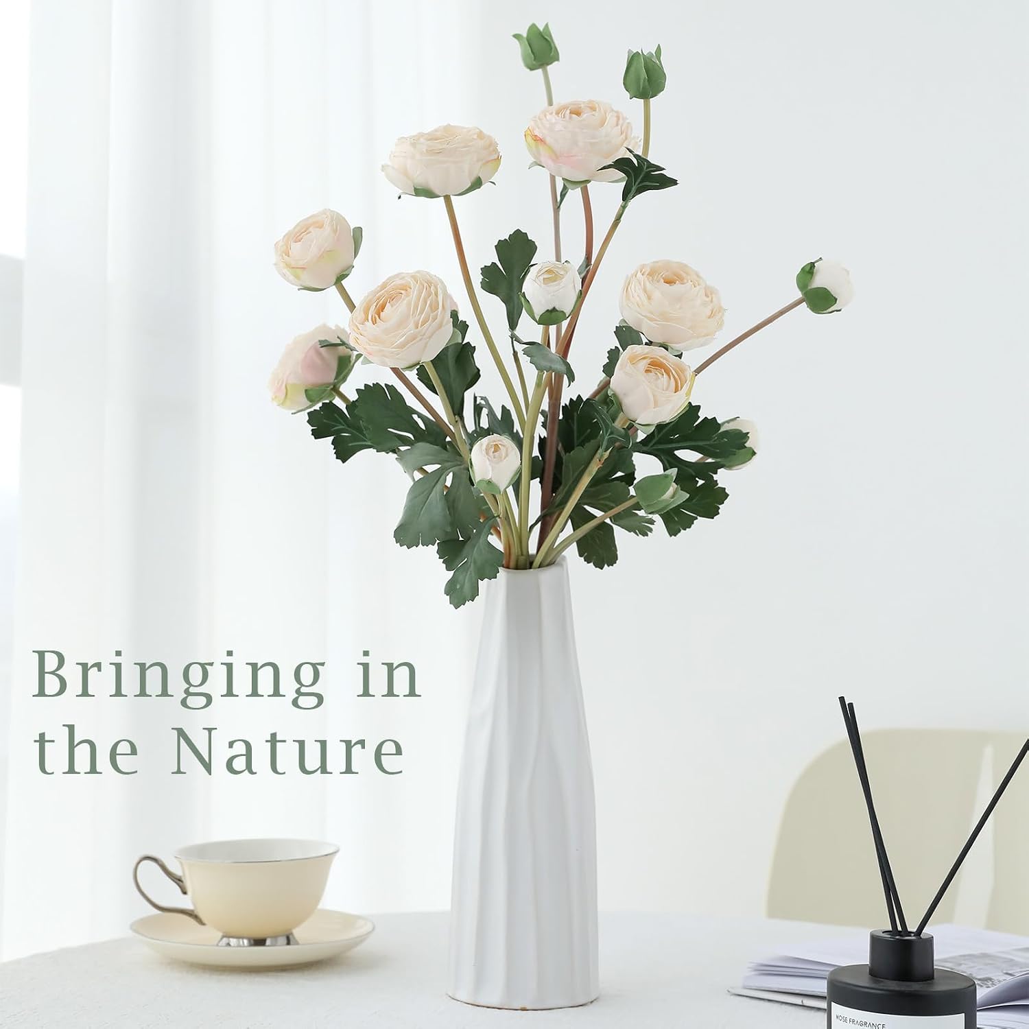 Birchmont 6 Pc White Ranunculus Artificial Flowers, 23.6 in Long Stems, 0.3 kg