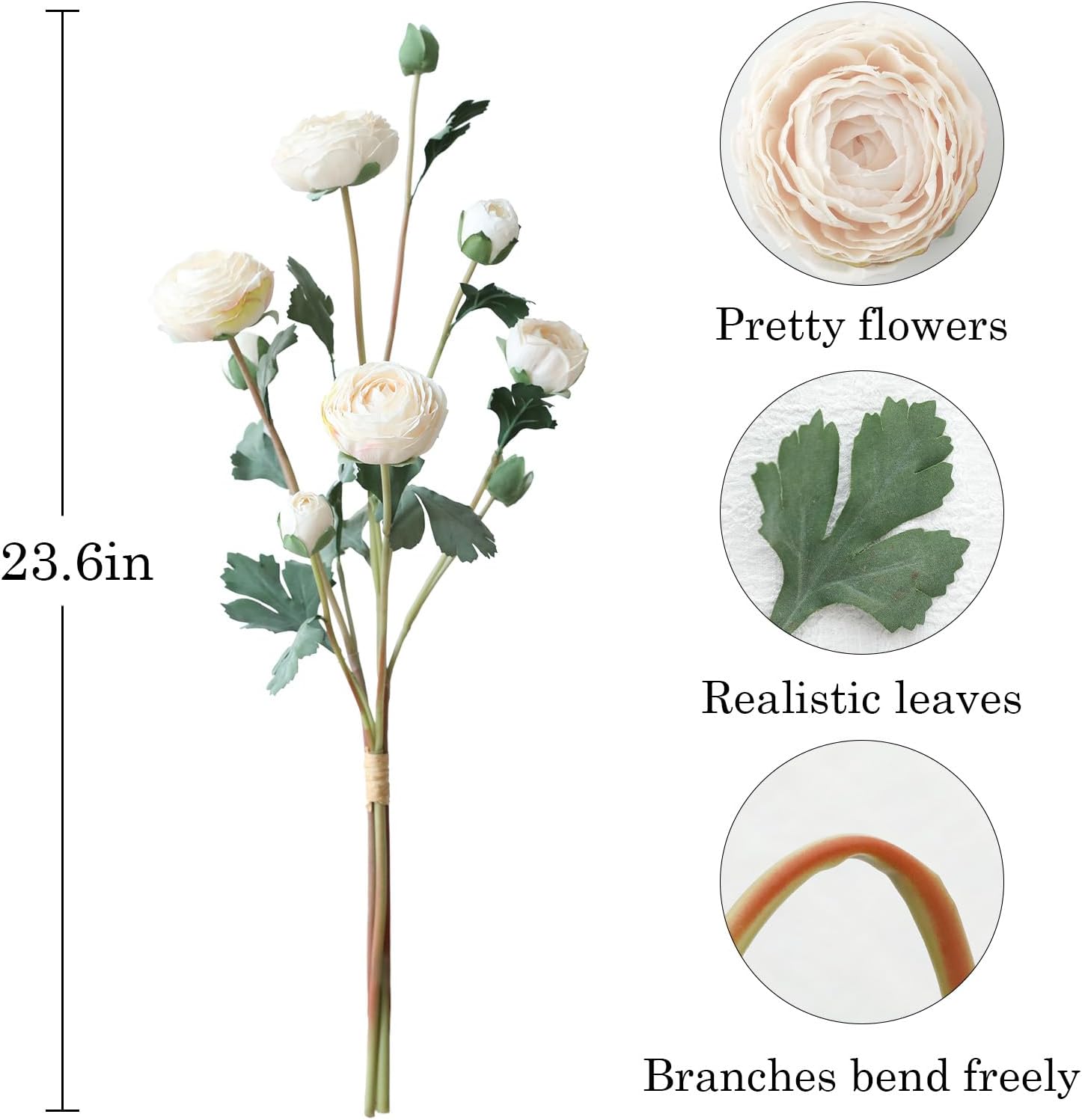 Birchmont 6 Pc White Ranunculus Artificial Flowers, 23.6 in Long Stems, 0.3 kg