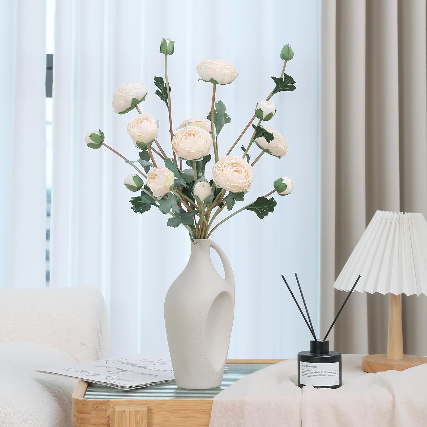 Birchmont 6 Pc White Ranunculus Artificial Flowers, 23.6 in Long Stems, 0.3 kg