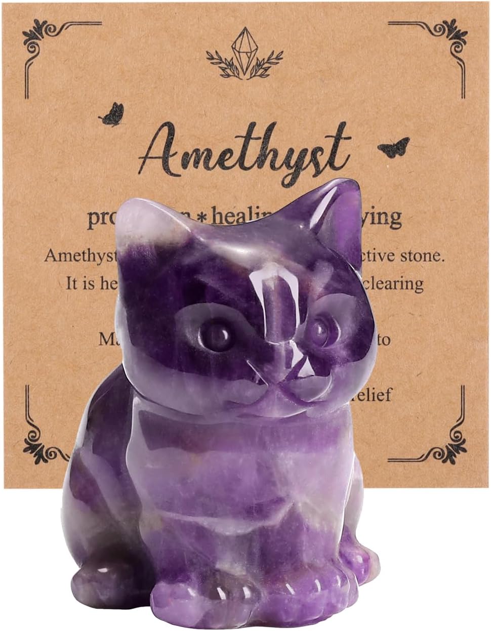Brackenly Amethyst Crystal Cat Figurine for Cat Lovers Cute Gemstone Cat Ornaments Healing Crystals Cat Statue Gifts, 6.4 ounces