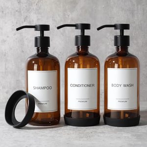 Aldernest Plastic Shampoo and Conditioner Dispenser with Silicone Sleeves, Amber Bottle+ Flat Pump, 3 Count