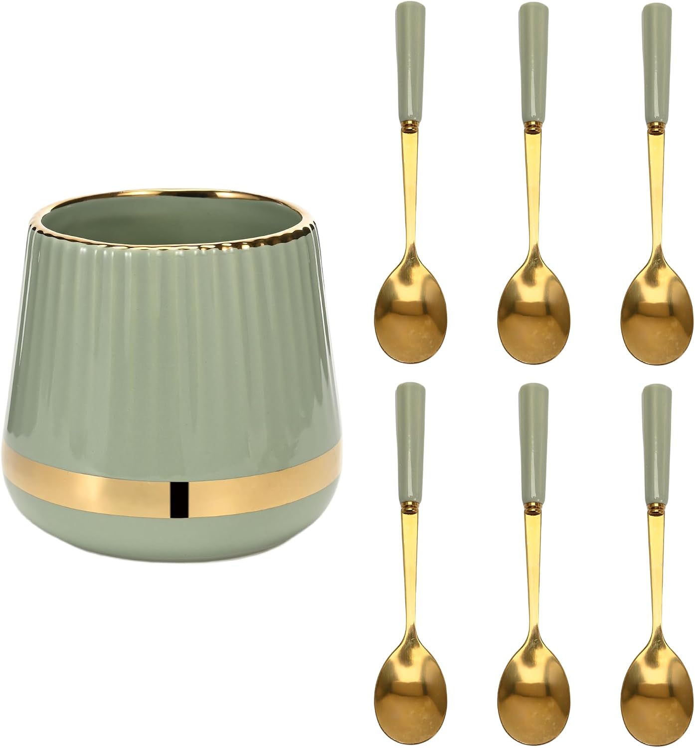 Aldernest 6PCS Coffee Spoons with Ceramic Jar Holder, 0.38 kg, Light Green