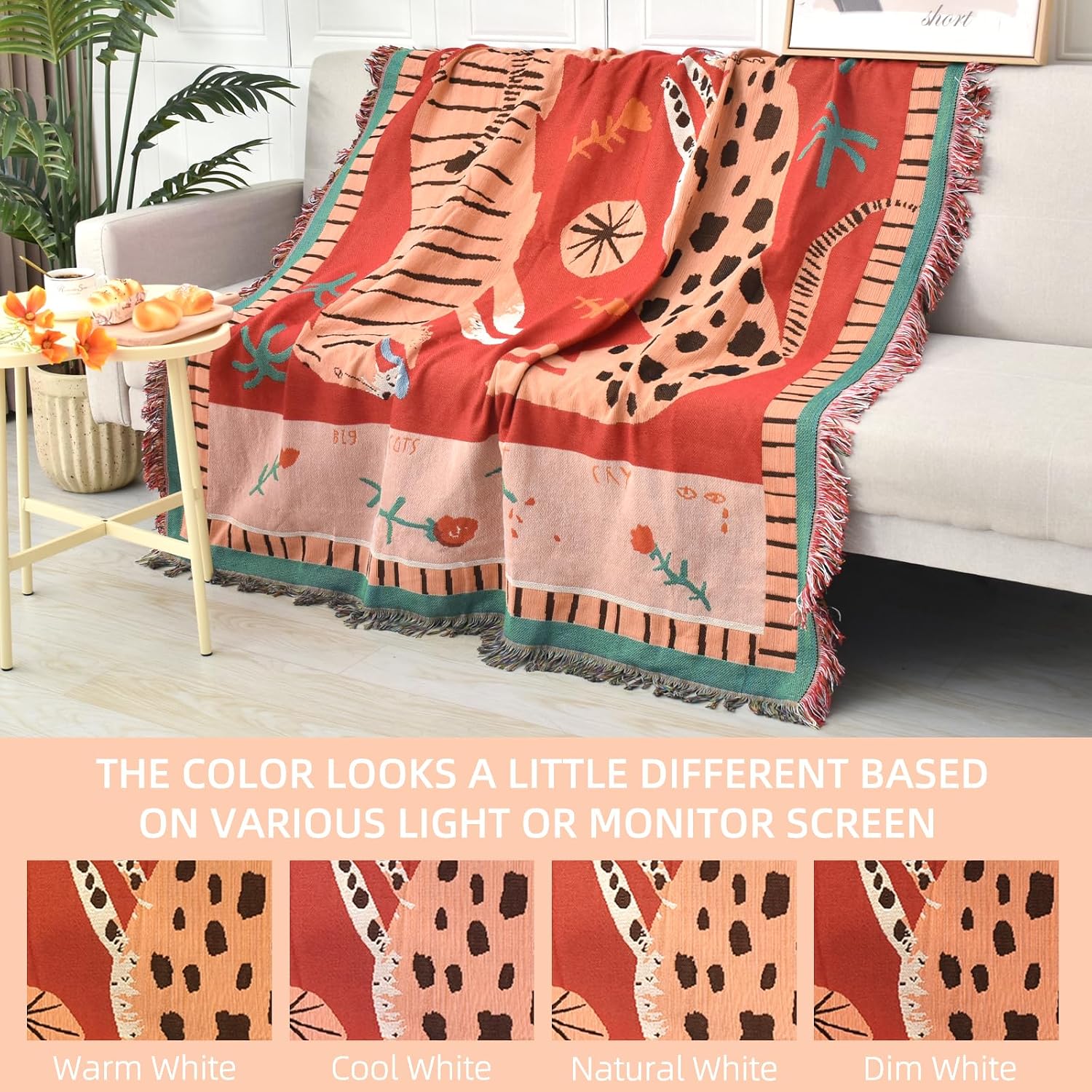 Tanglewick Boho Throw Blanket Reversible Woven Bohemian Tapestry Room Decor, 1.09 kg, 50*60 inch, Boho Leopard