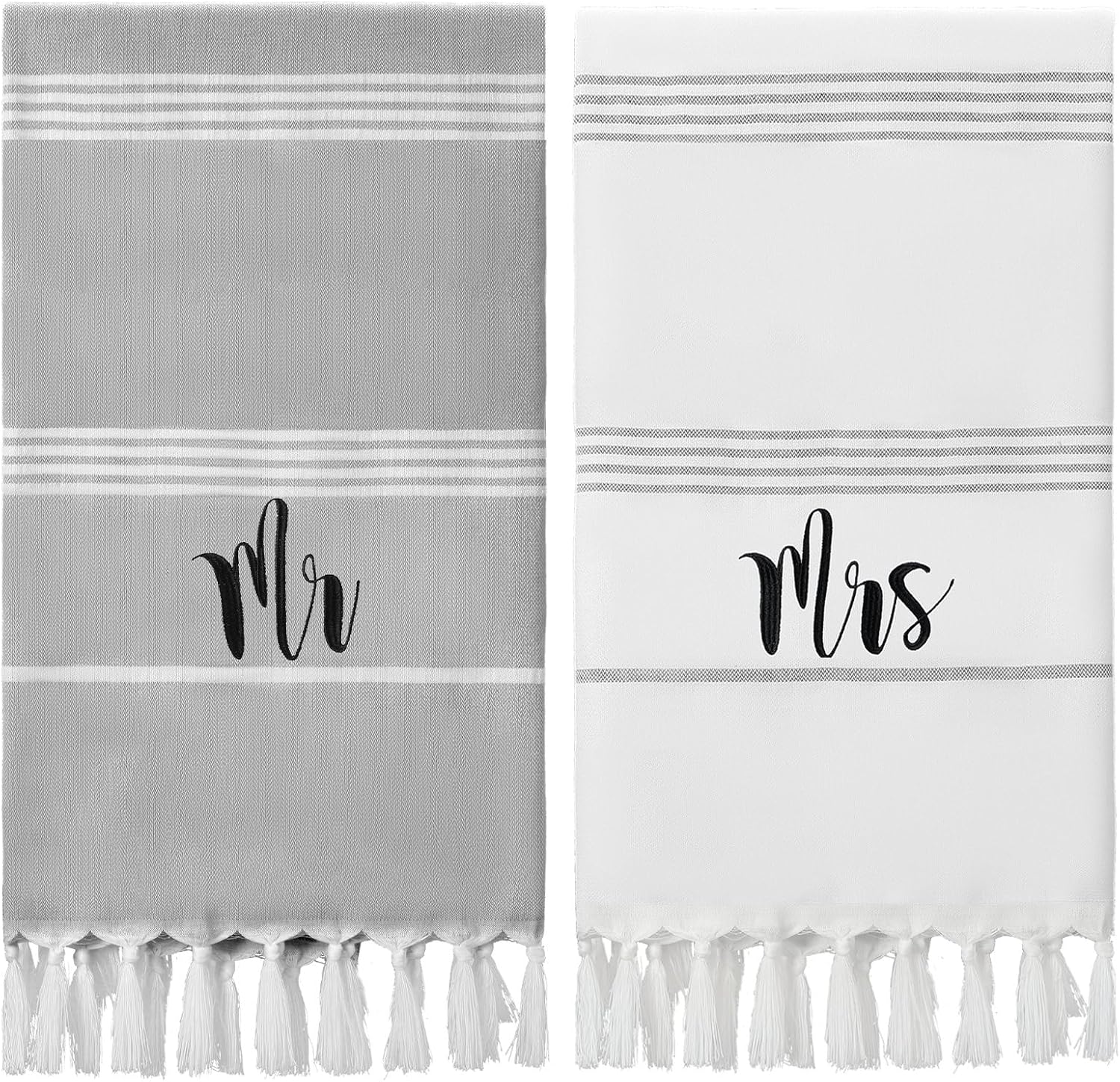 Ashenby 2 Pcs Mr and Mrs Turkish Beach Towels Honeymoon Essentials, 1.7 pounds, 71 inches x 39 inches, Grey, white