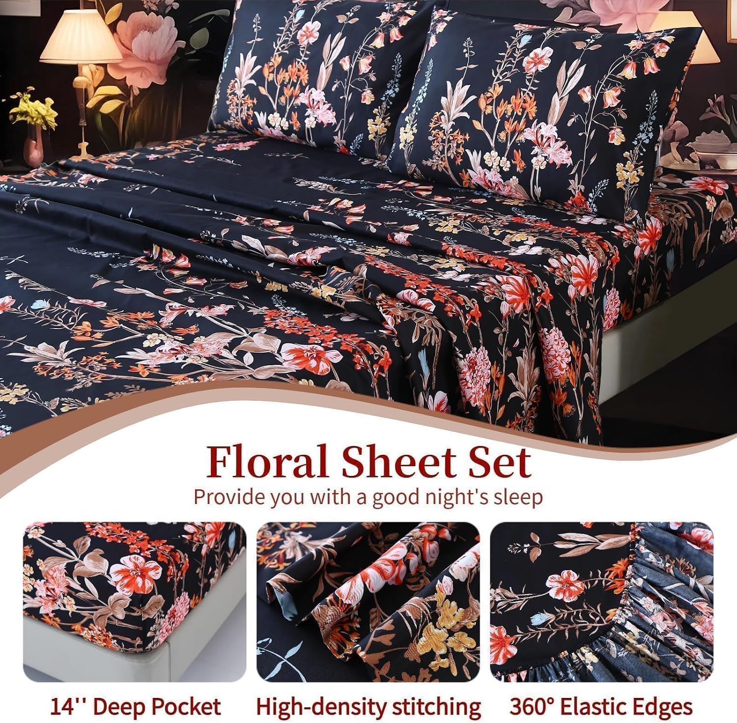 Aldernest 4Pcs Floral Queen Size Sheet Sets, Black Vintage Bedding Sheet Set, 1.12 kg