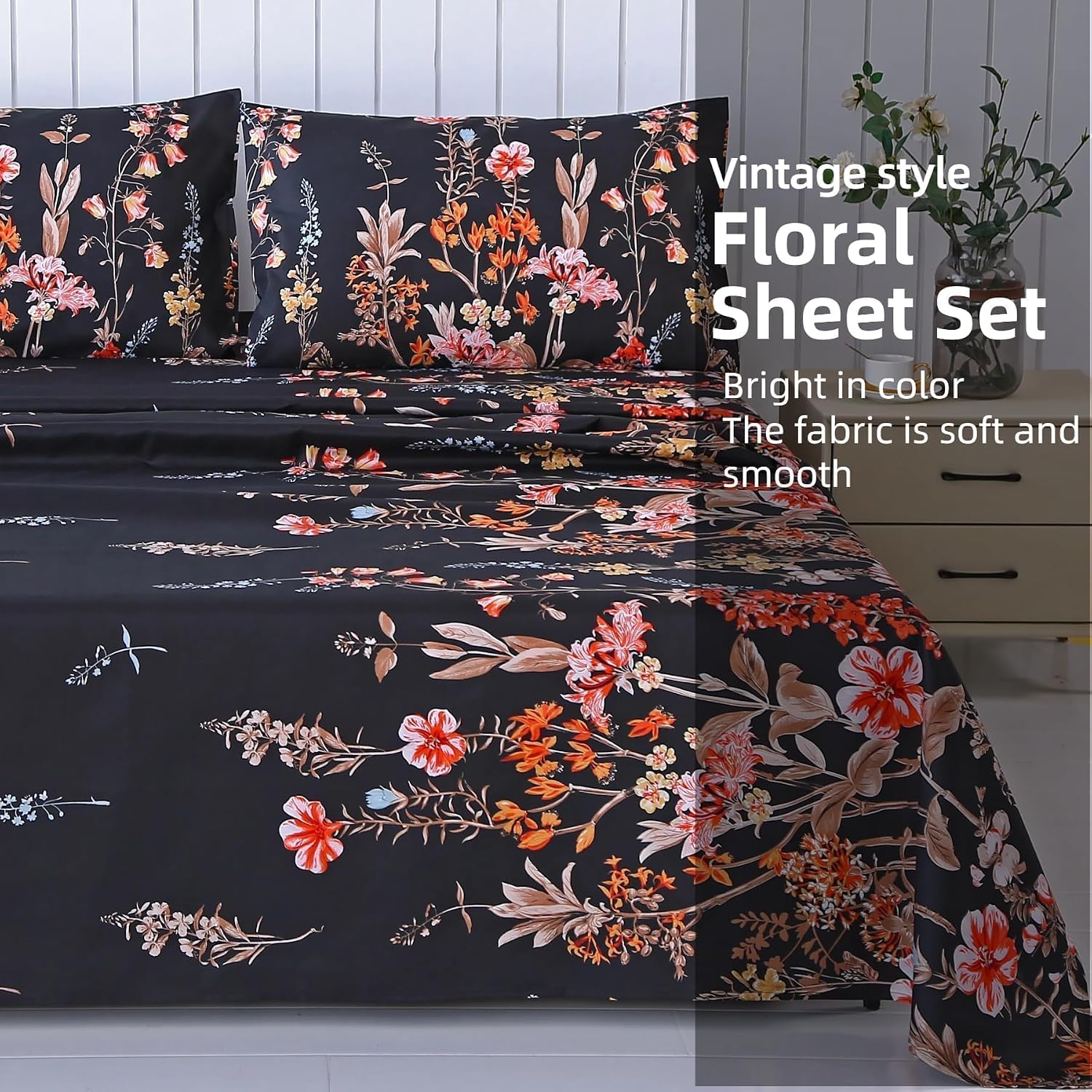 Aldernest 4Pcs Floral Queen Size Sheet Sets, Black Vintage Bedding Sheet Set, 1.12 kg