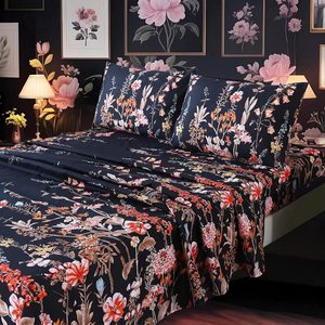 Aldernest 4Pcs Floral Queen Size Sheet Sets, Black Vintage Bedding Sheet Set, 1.12 kg