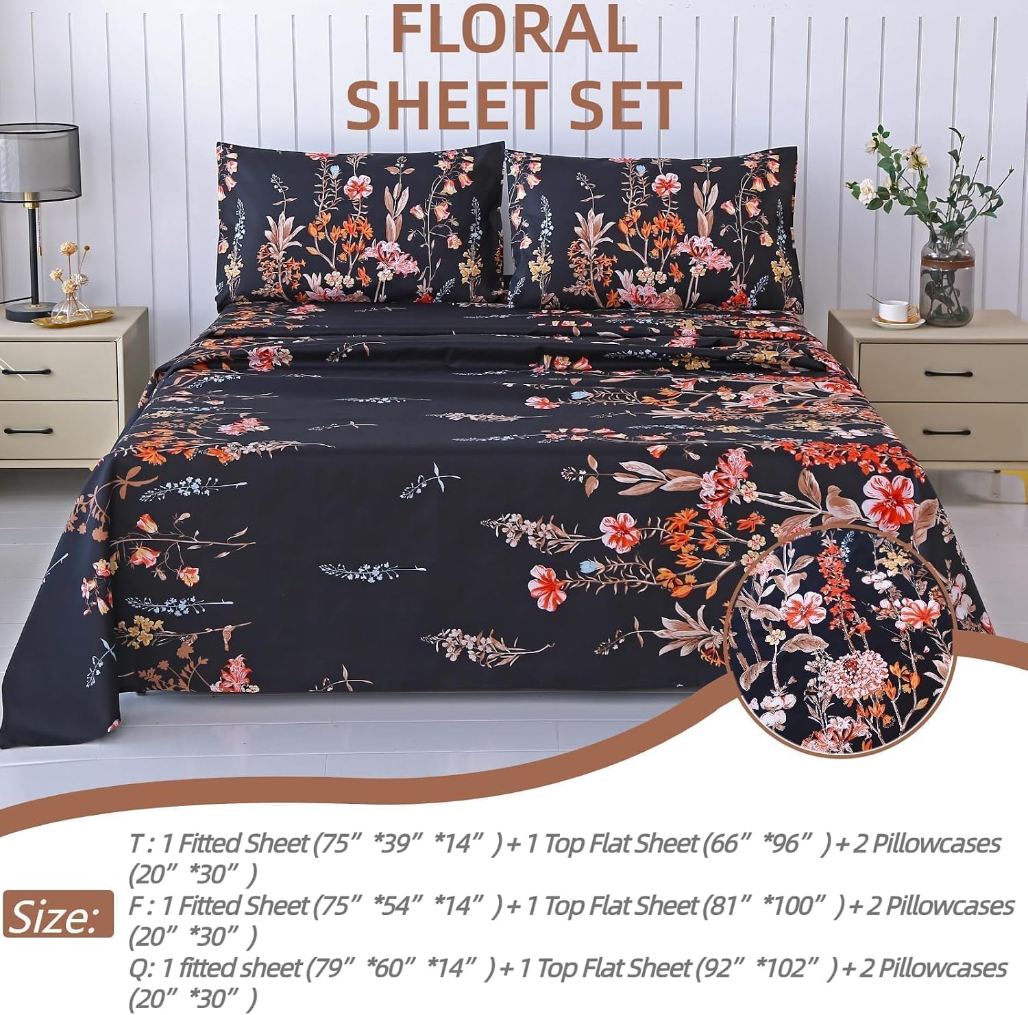 Aldernest 4Pcs Floral Queen Size Sheet Sets, Black Vintage Bedding Sheet Set, 1.12 kg