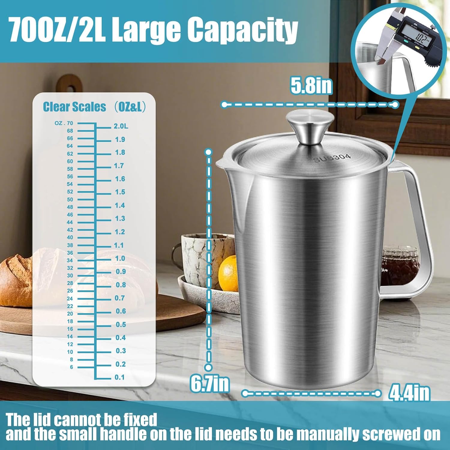 Aldernest Stainless Steel Pitcher with Lid & Handle, 70 oz/2000+ ml, 0.77 kg, Silver