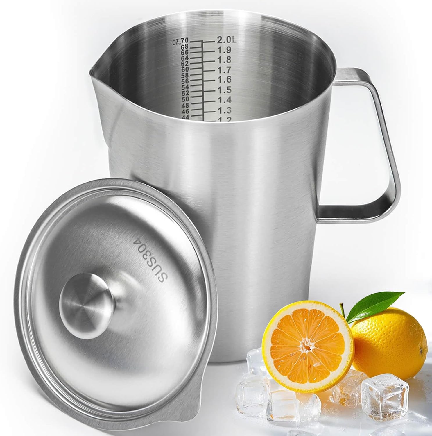 Aldernest Stainless Steel Pitcher with Lid & Handle, 70 oz/2000+ ml, 0.77 kg, Silver