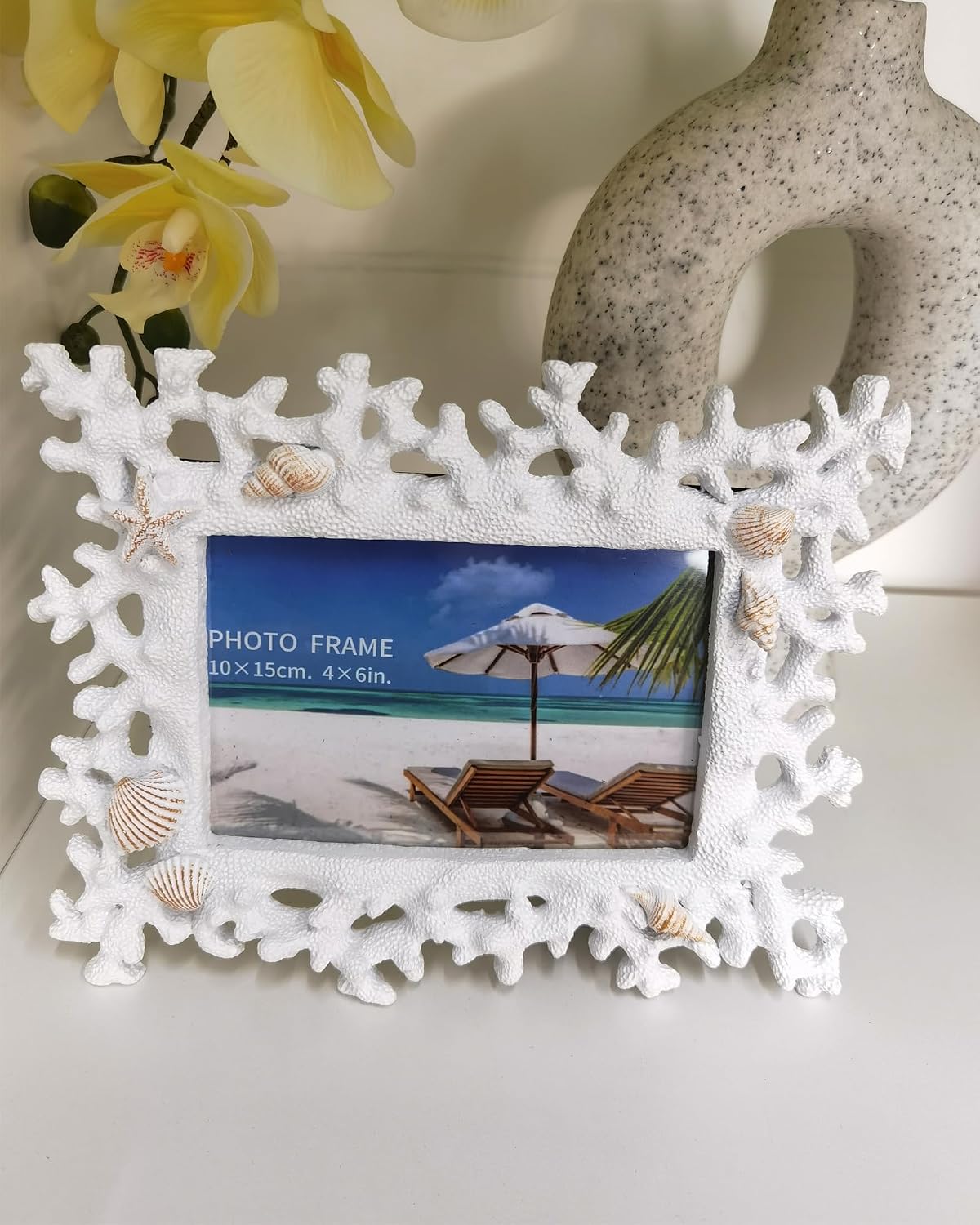 Aldernest 4x6 Coral Shell Picture Frame, White Resin Beach Decor, 0.5 kg