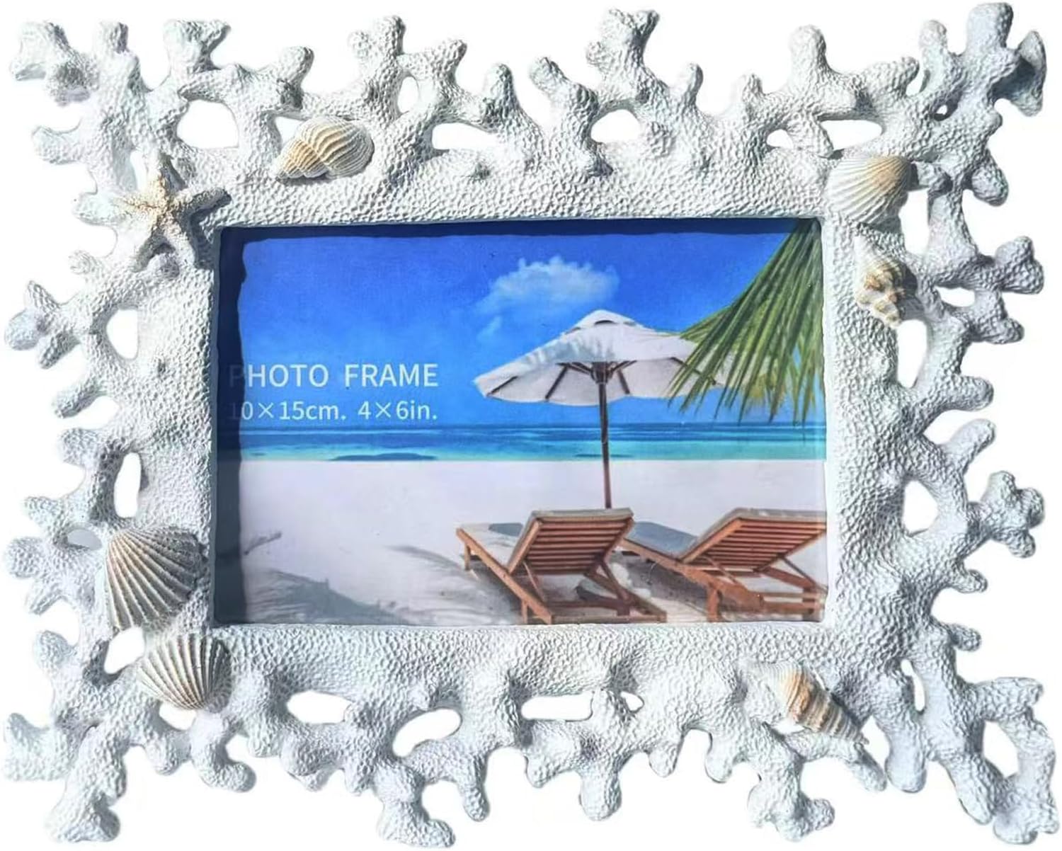 Aldernest 4x6 Coral Shell Picture Frame, White Resin Beach Decor, 0.5 kg