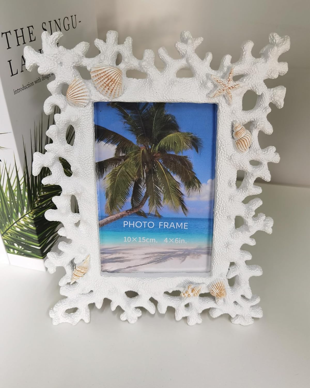 Aldernest 4x6 Coral Shell Picture Frame, White Resin Beach Decor, 0.5 kg