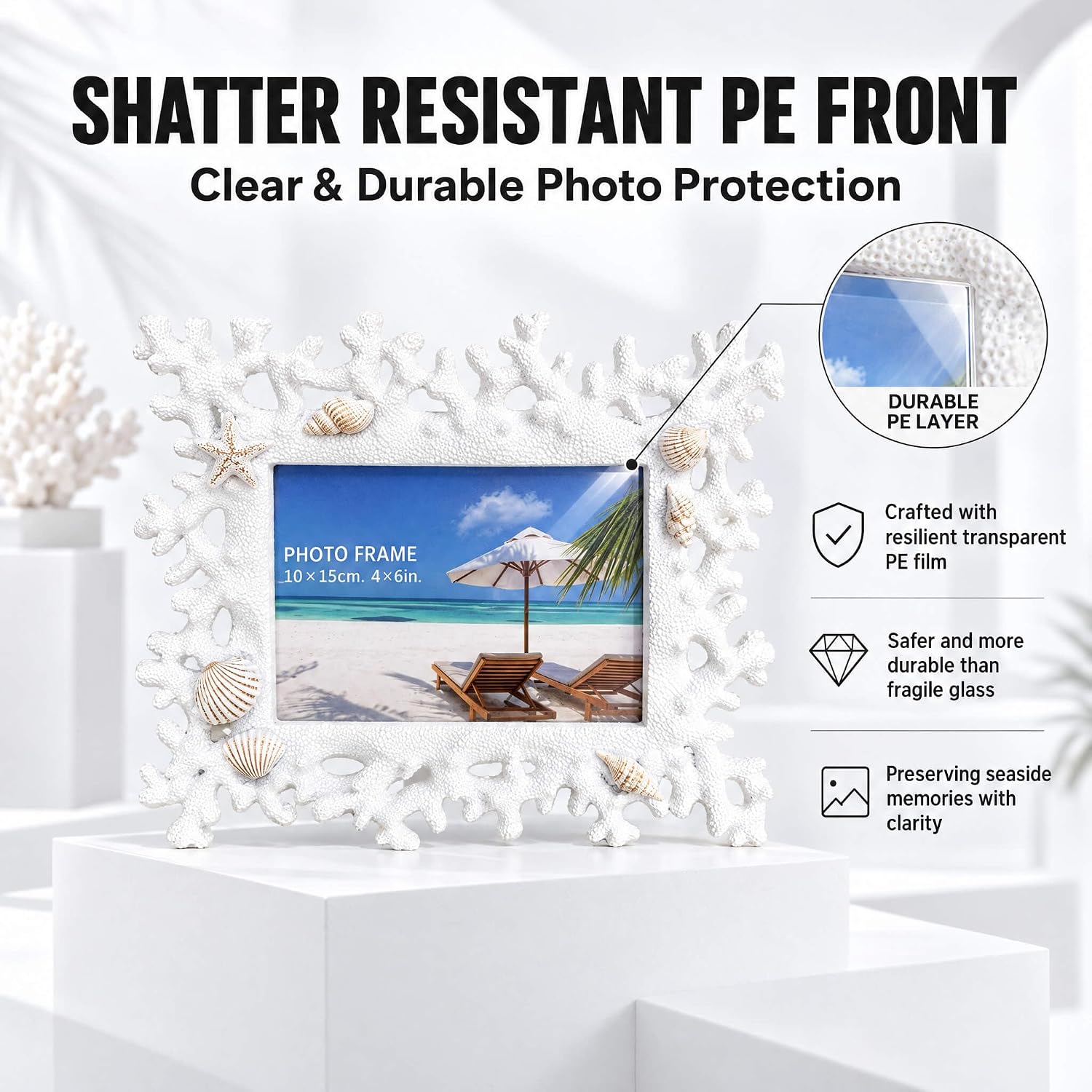 Aldernest 4x6 Coral Shell Picture Frame, White Resin Beach Decor, 0.5 kg